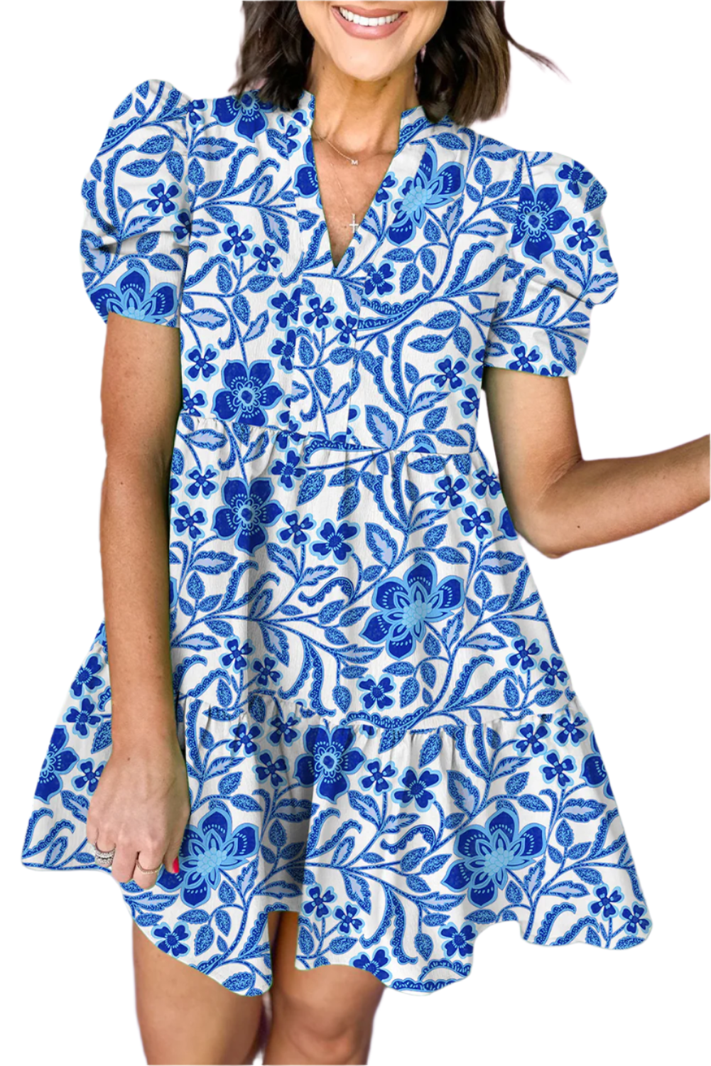 Mini-robe à volants et manches bouffantes à imprimé floral bleu