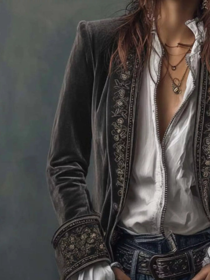Embroidered Velvet Long Sleeve Outerwear
