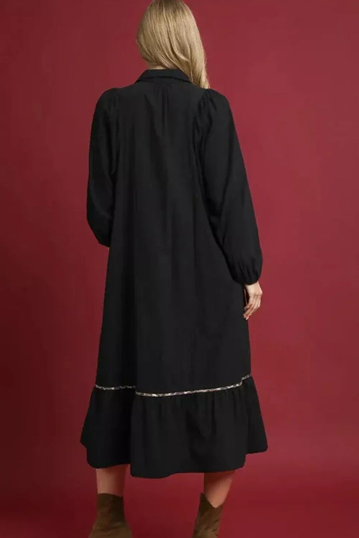 Collared V Neck Smocked Detail Contrast Leopard Trim Dress
