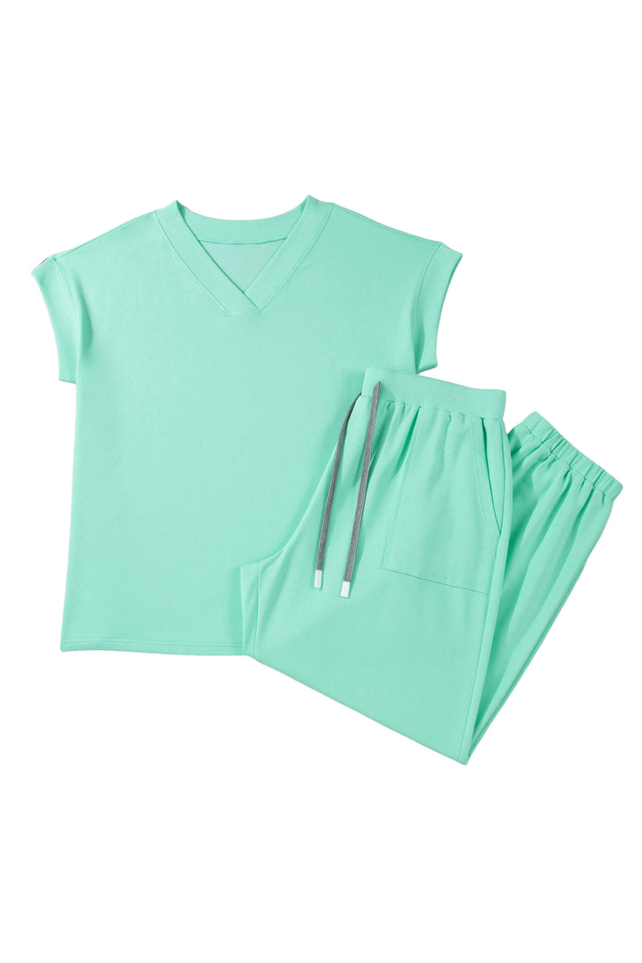 Mint Green Solid V-Neck Tee and Drawstring Plus Size Pants Set