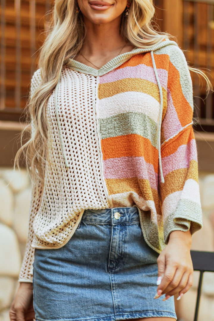 Beige Oversized Colorblock V Neck Hooded Sweater