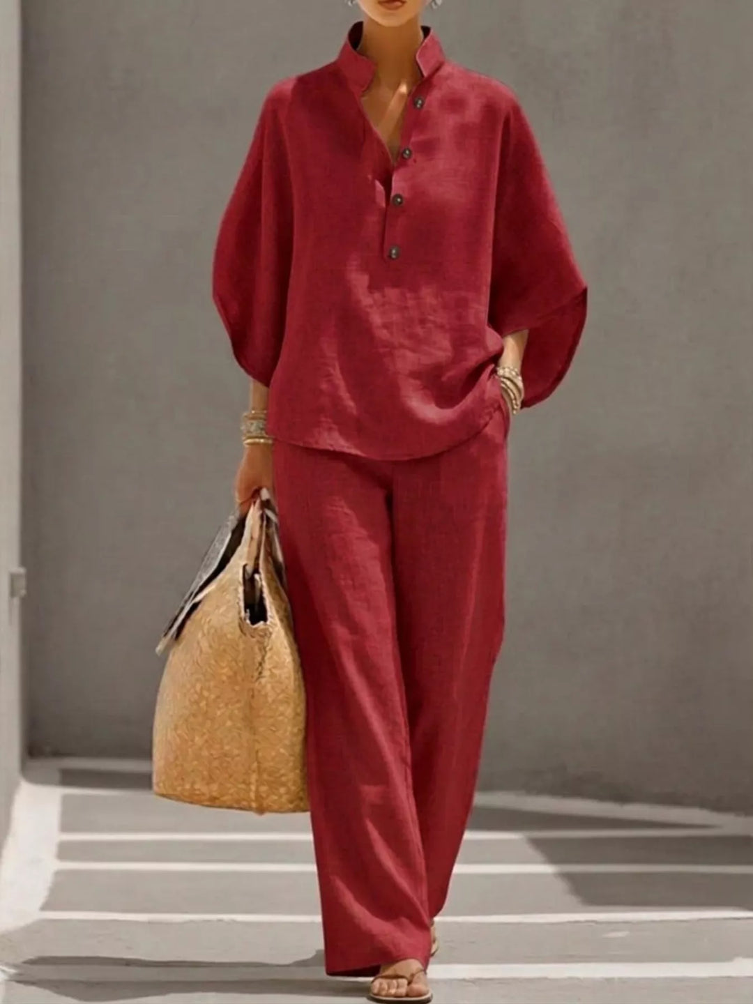 Full Size Button Detail 3/4 Sleeve Top and Pants Set Plus Size