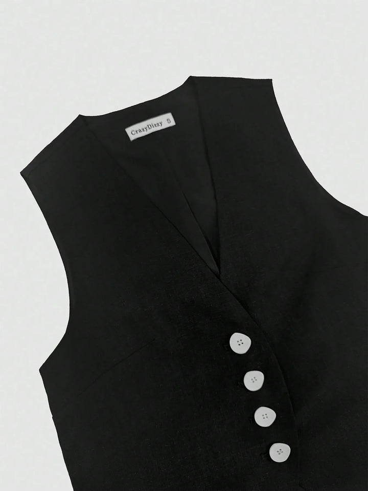 V-Neck Button Detail Vest and Skirt Two-Piece Set