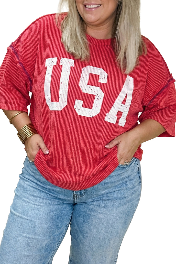 White Plus Size Twisted Rib Vintage USA Letter Printed T Shirt