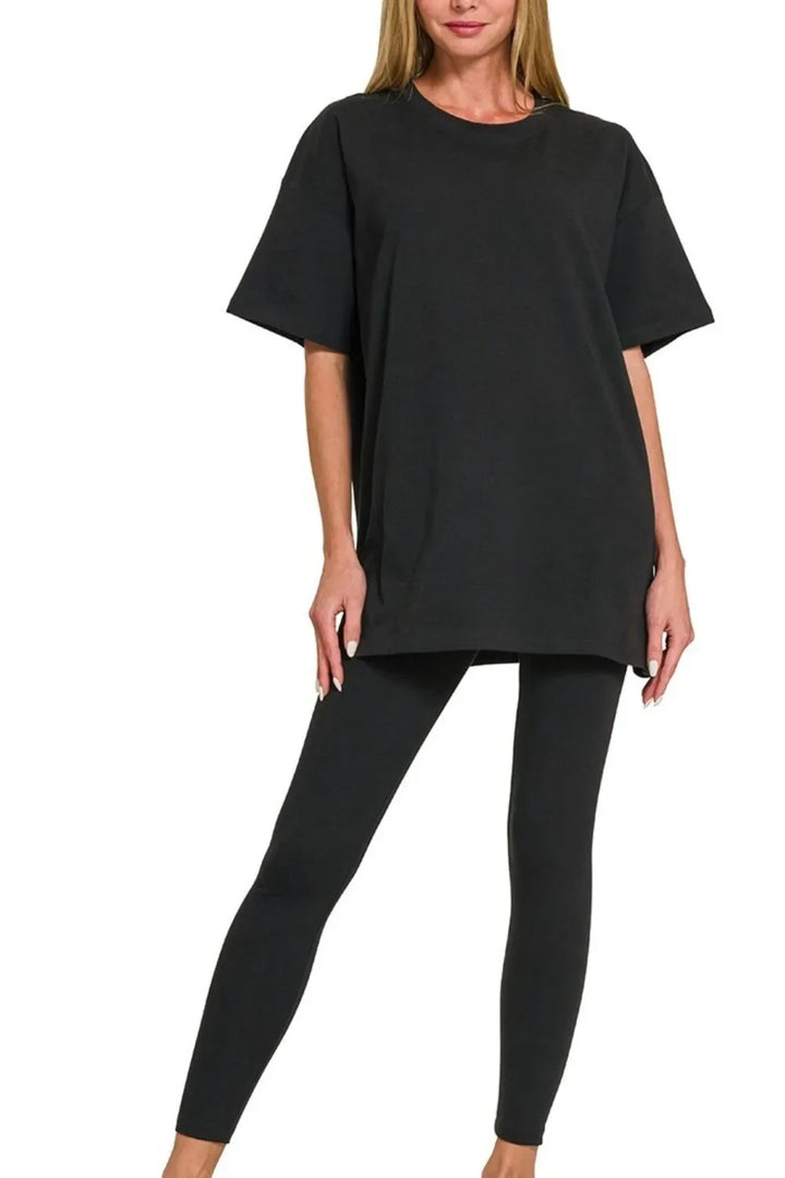 Zenana Cotton Round Neck Top & Legging Set