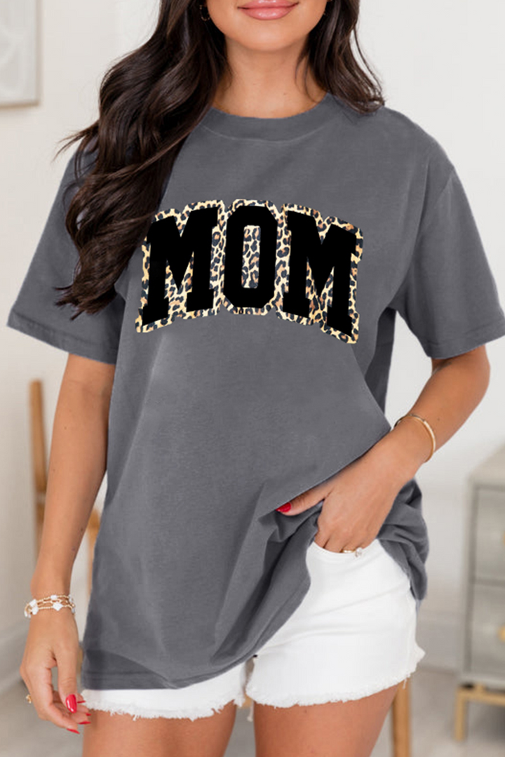 Gray Leopard MOM Graphic Crewneck Mothers Day T Shirt