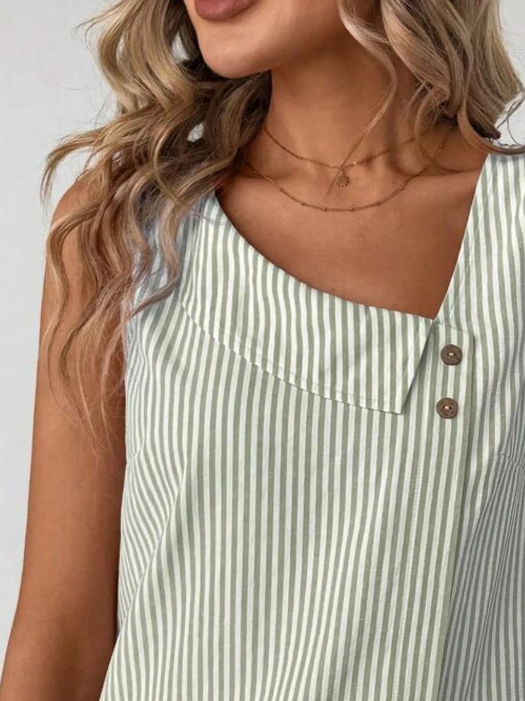 Decorative Button Asymmetrical Striped Tank