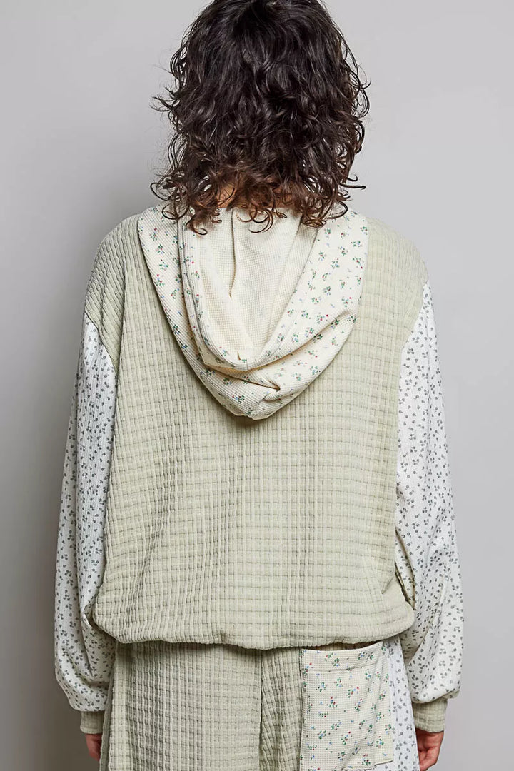 POL Mixed Knit Contrast Print Sleeve Hoodie with Kangaroo Pocket