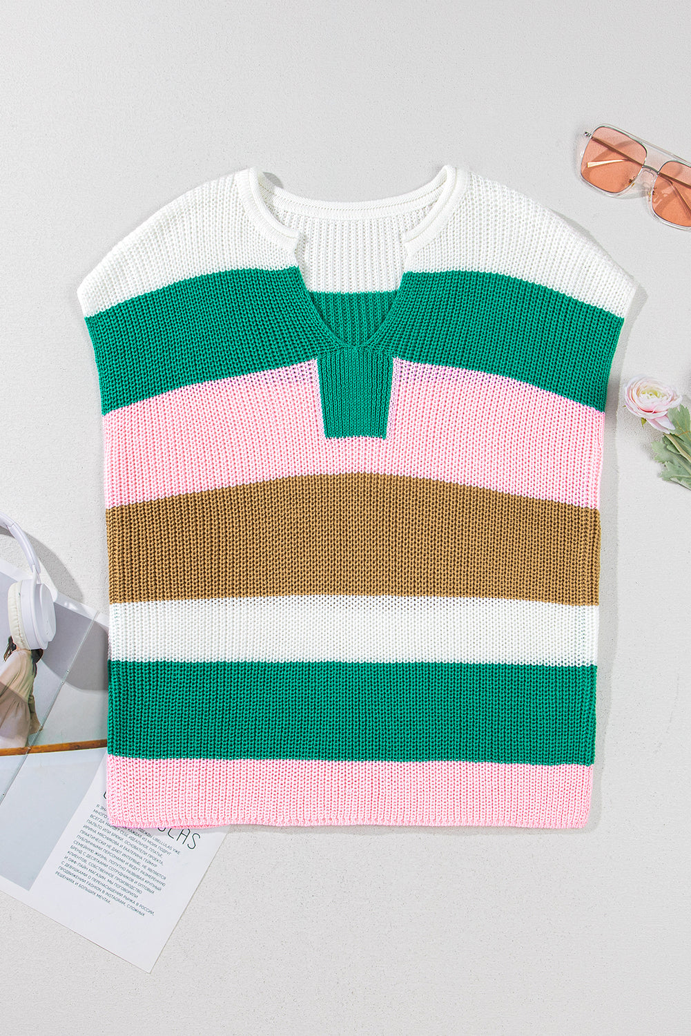 Multicolour Color Block Notch V Neck Sweater T Shirt