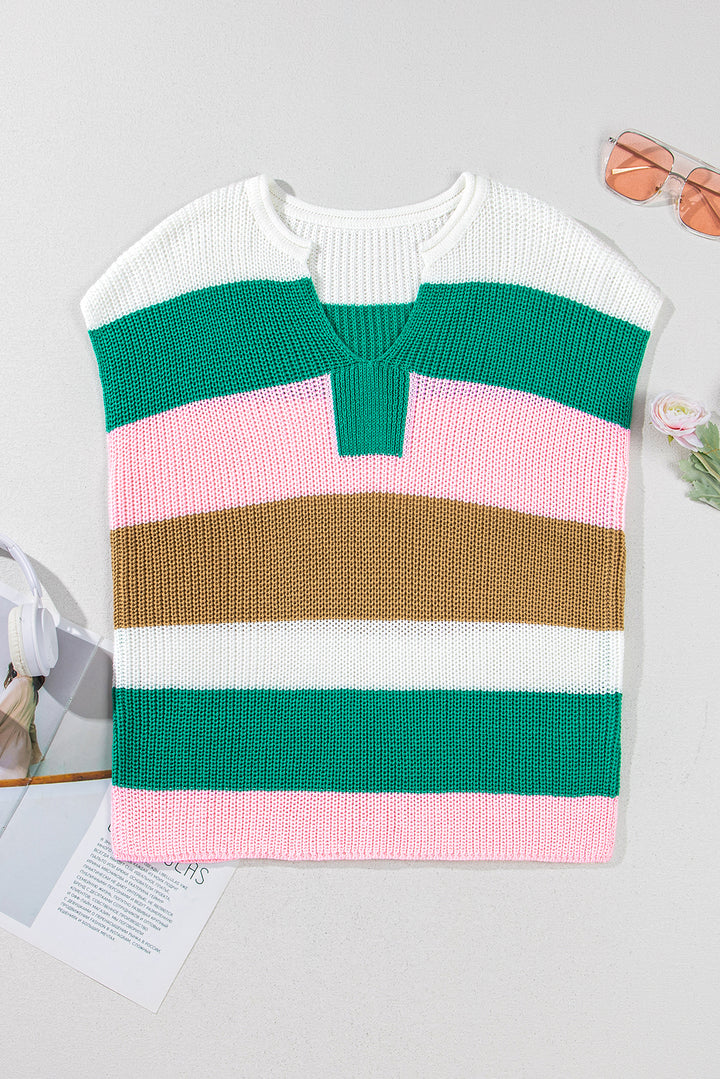 Multicolour Color Block Notch V Neck Sweater T Shirt
