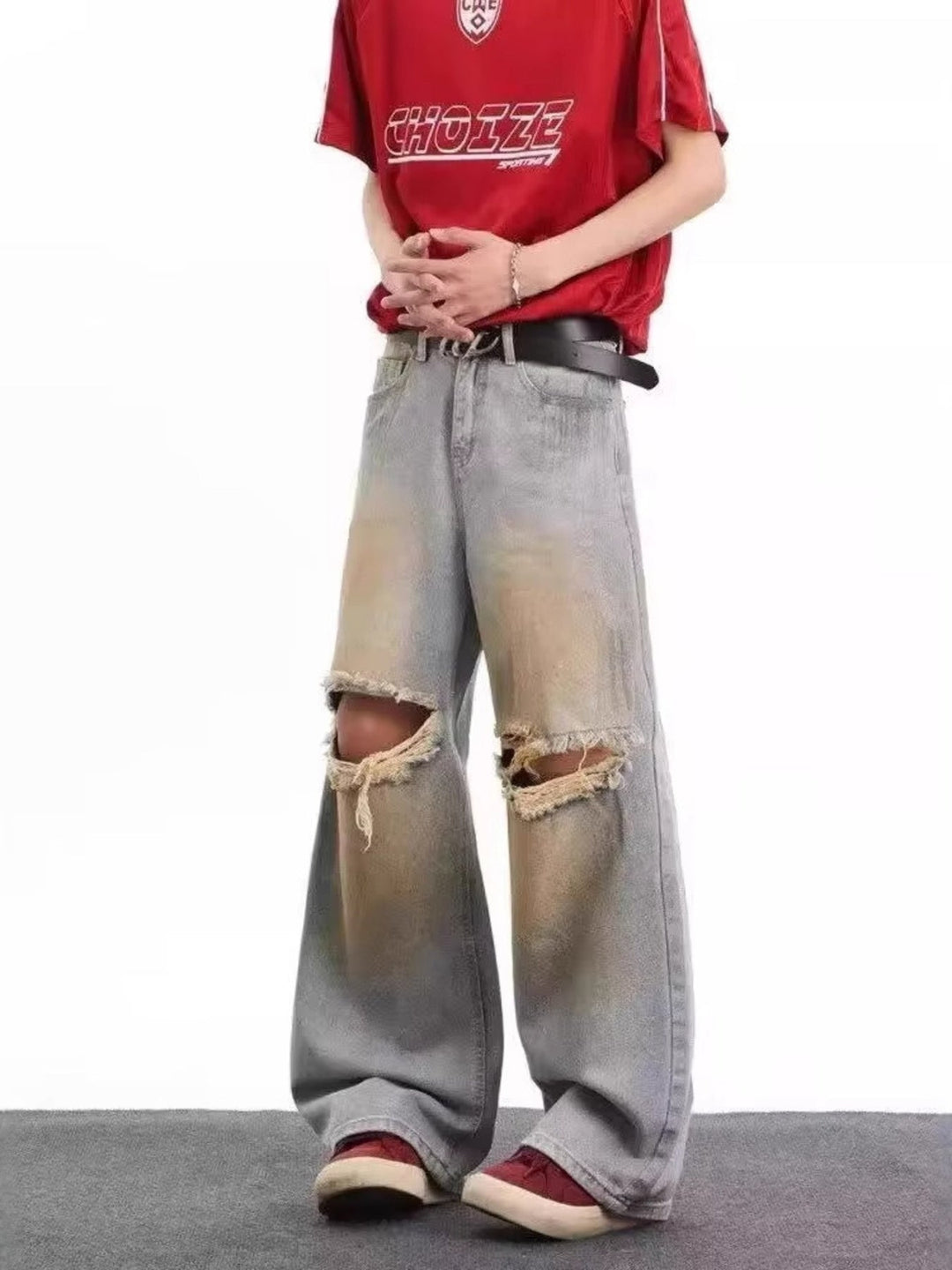 Men's Full Size Distressed Wide Leg Jeans Plus Size