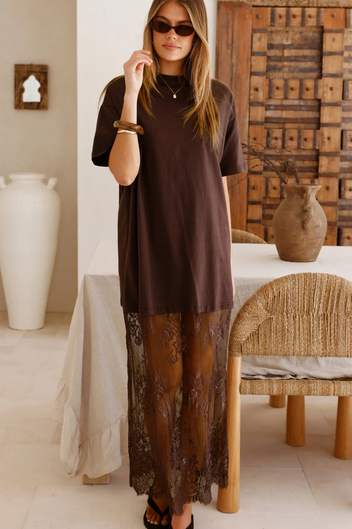 Red Sandalwood Floral Patchwork Short Sleeve T Shirt Loose Maxi Dress