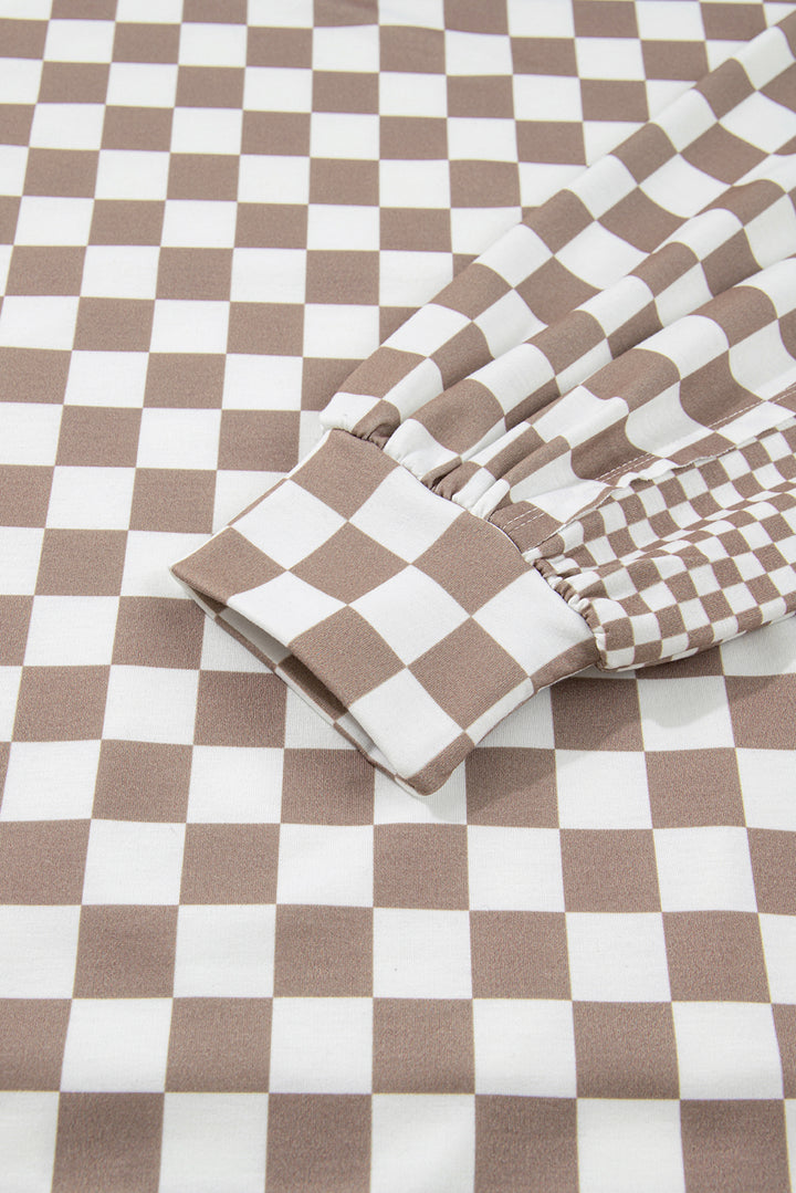 Khaki Double Checkered Patchwork Tie Neck Oversize Hoodie