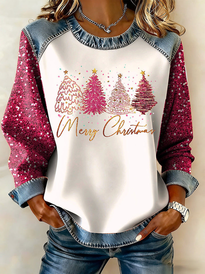 Womens Casual Floral Denim Patchwork Hoodie Top