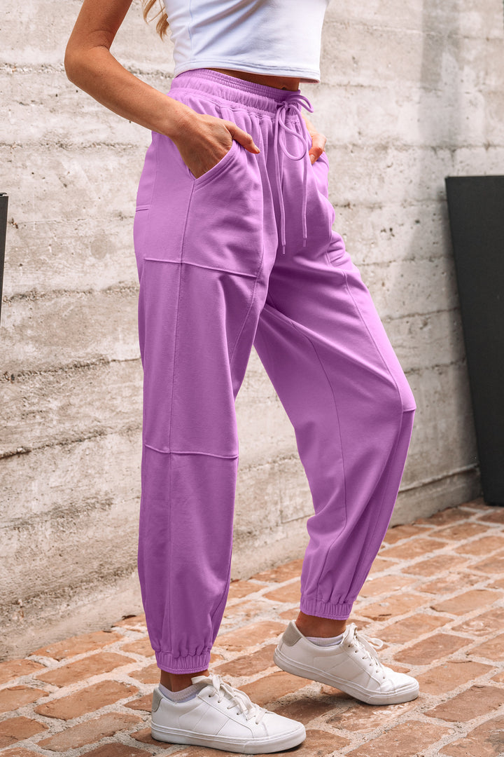 Lilac Drawstring Elastic Waistband Solid Color Jogger Pants