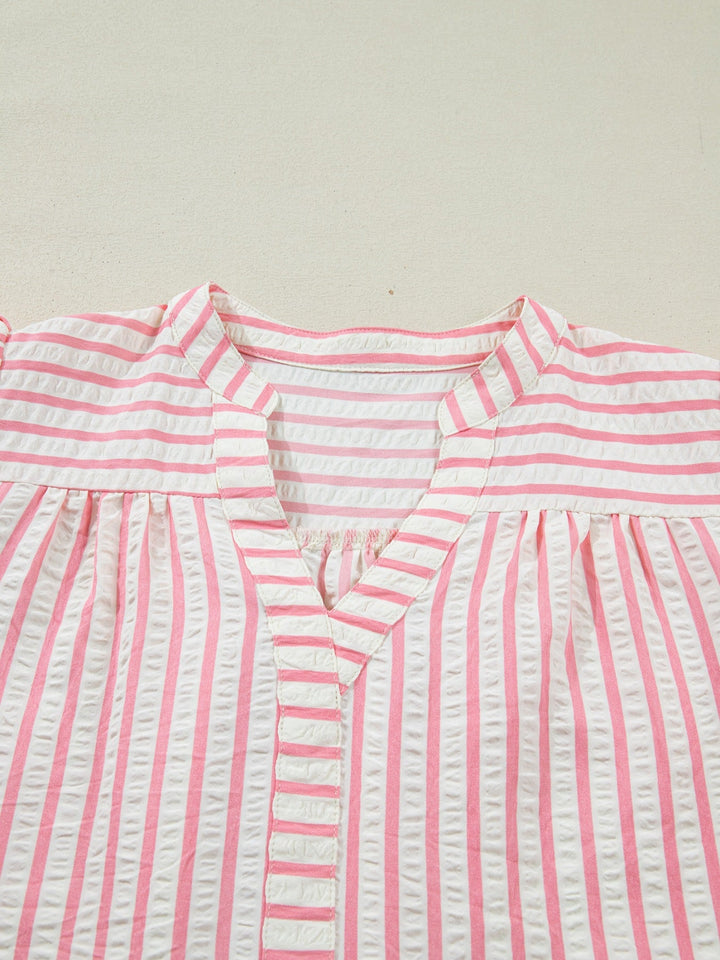 Stripe Print Floral Embroidered Puff Sleeve V Neck Blouse