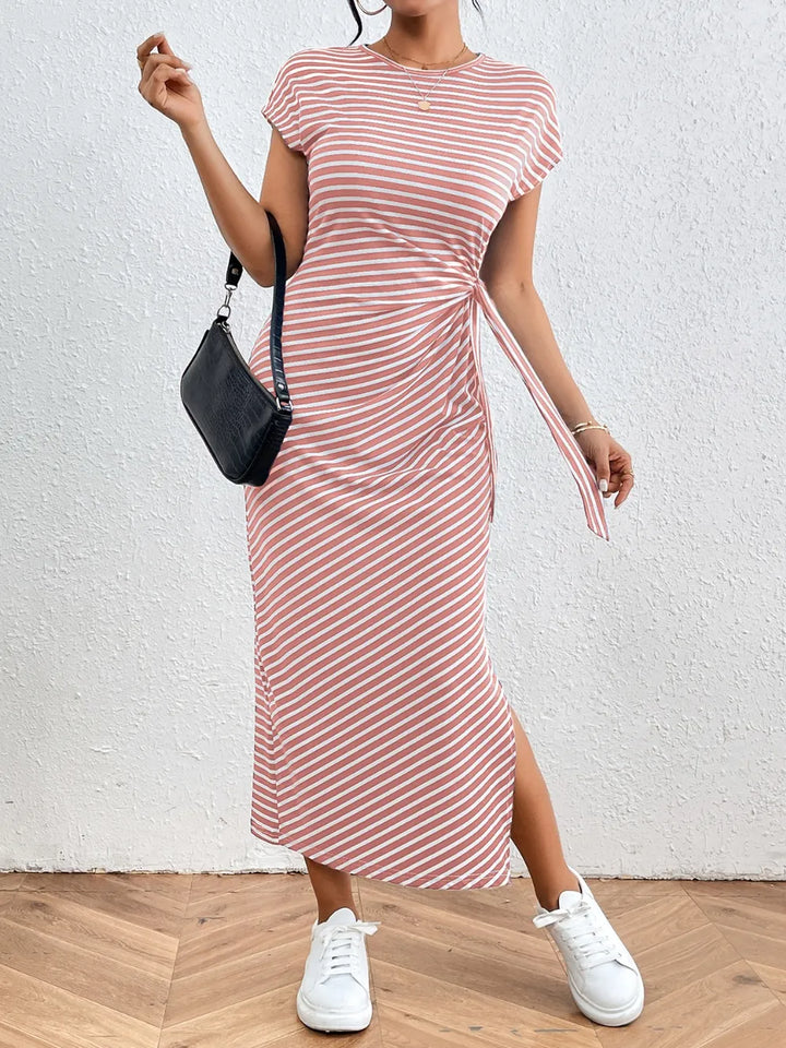 Honey Tied Striped Round Neck Short Sleeve Tee Dress