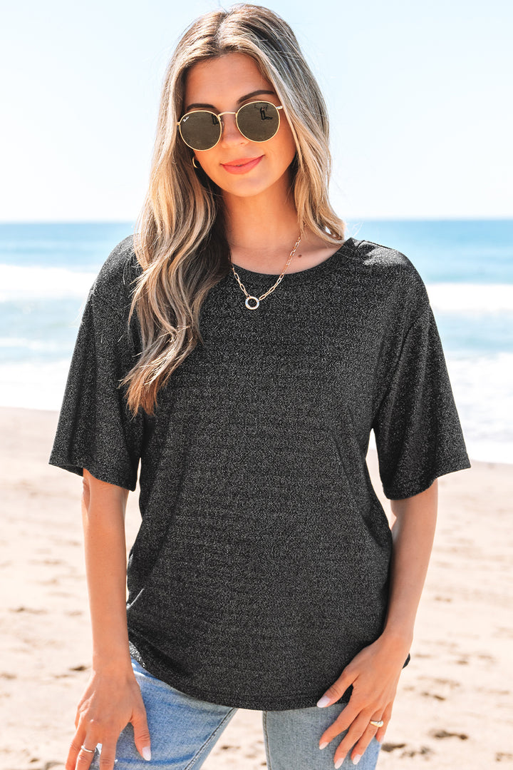 Black Bow Decor Glittery Short Sleeve Top