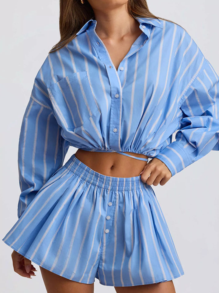 Striped Button Up Shirt and Shorts Set