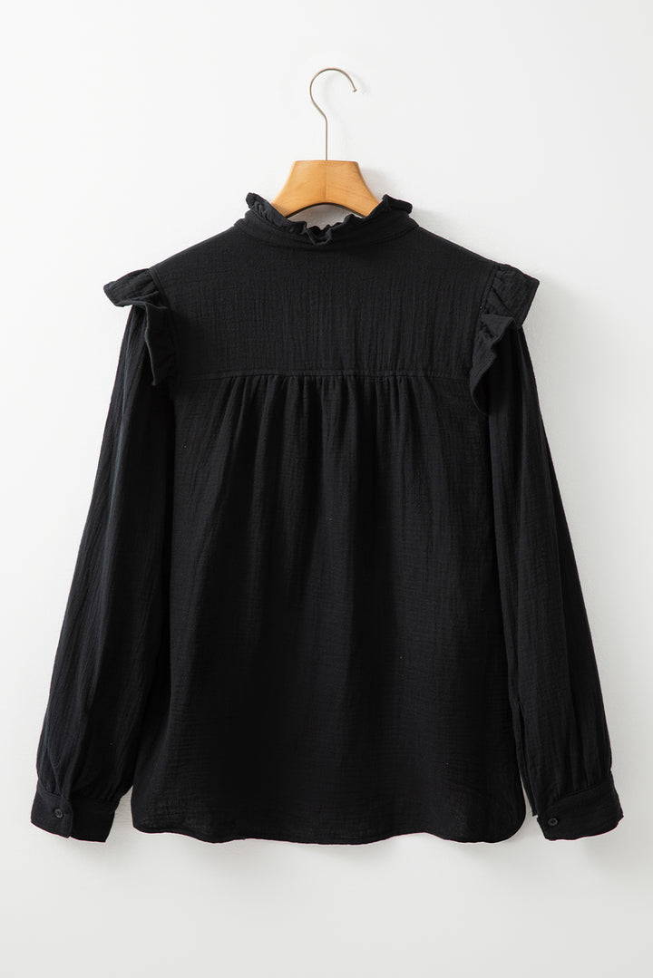 Black Textured Ruffled Trim Buttoned Loose Fit Shirt