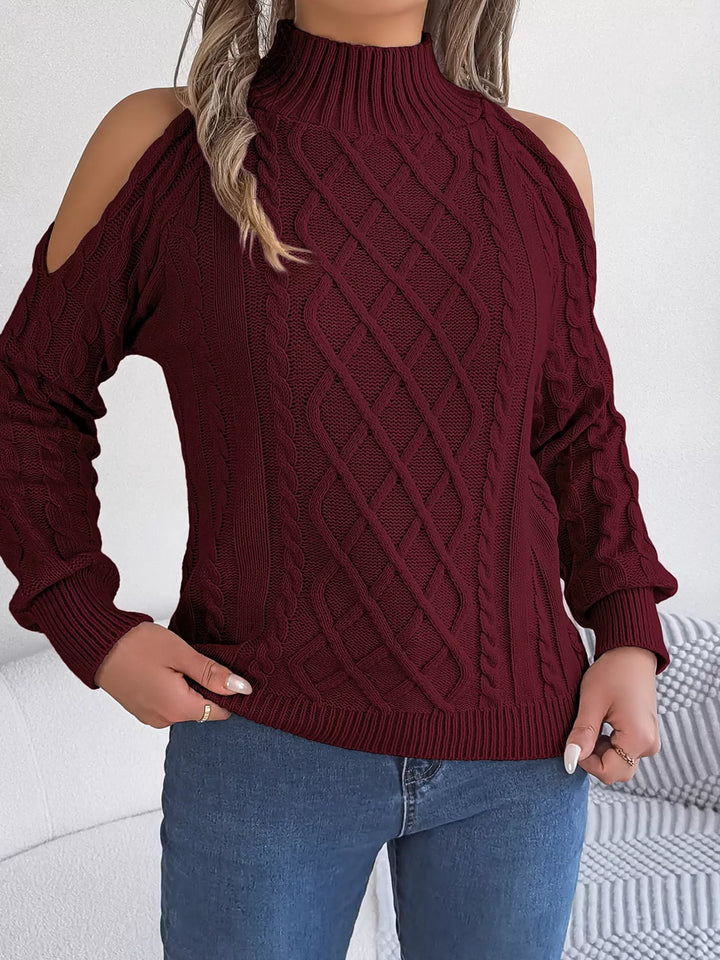 Cable Knit Cold Shoulder Turtleneck Sweater