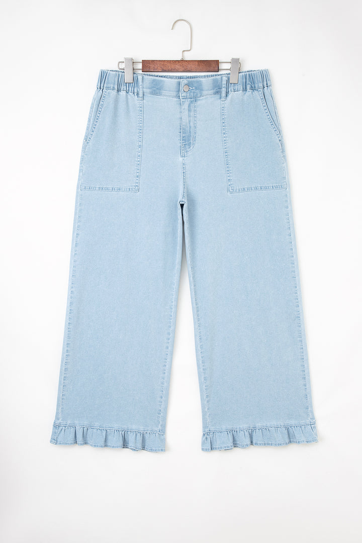Beau Blue Plus Size Elastic Waist Ruffled Wide Leg Denim Pants
