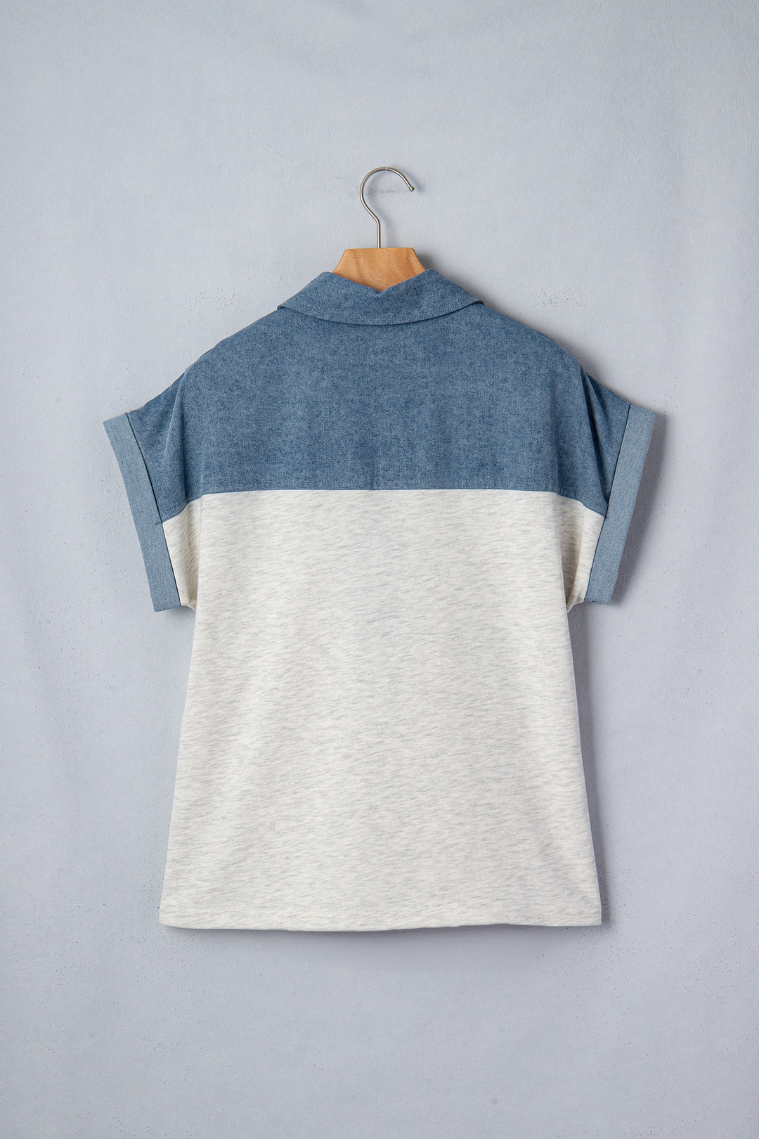 Light Grey Color Block Denim Patchwork Button Polo Collar Short Sleeve Top