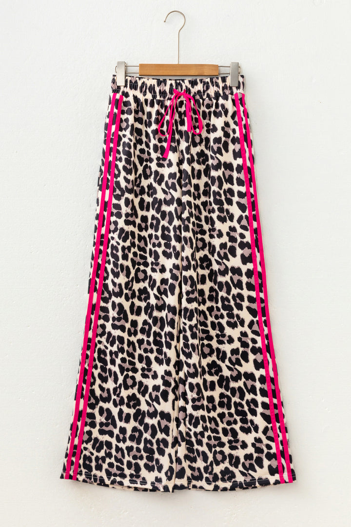Red Contrast Detail Tie Waist Leopard Print Casual Pants
