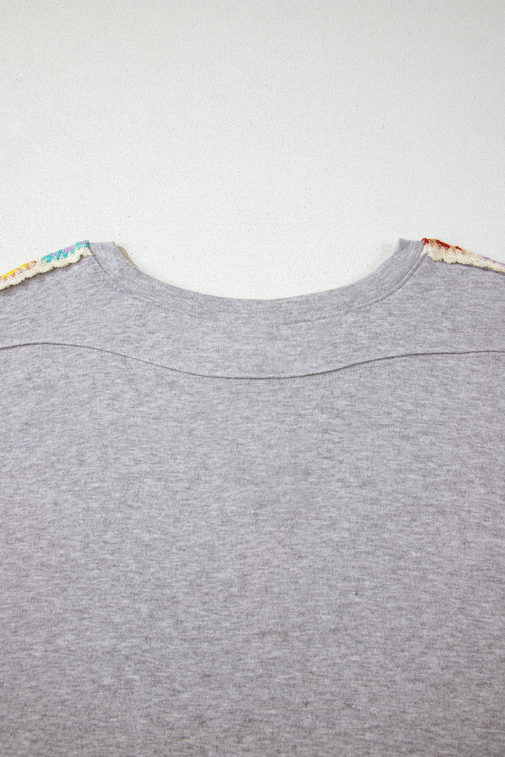 Light Grey Granny Square Crochet Detail Loose T Shirt