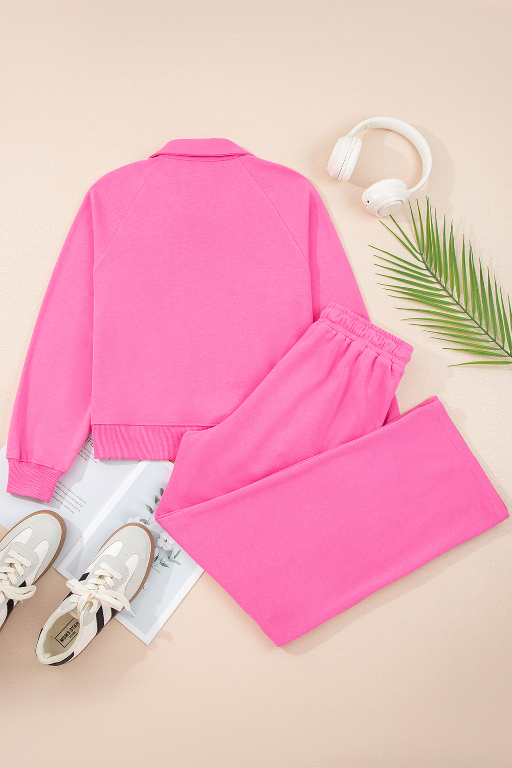 Sachet Pink Solid Color Collared Pullover and Central Seam Pants Set