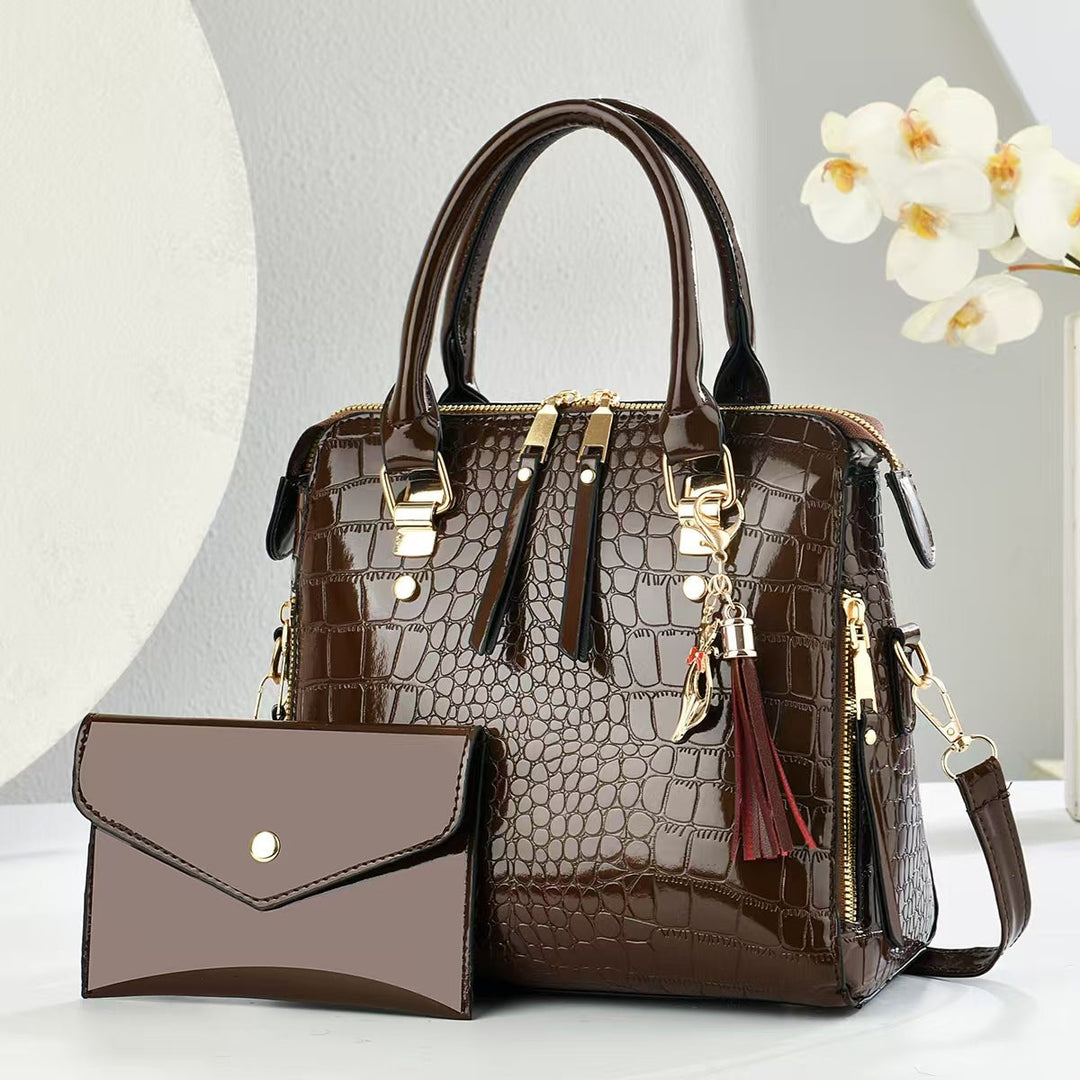 Womens Fashion Crocodile-Print Set Of Two Handbag And Crossbody Bag