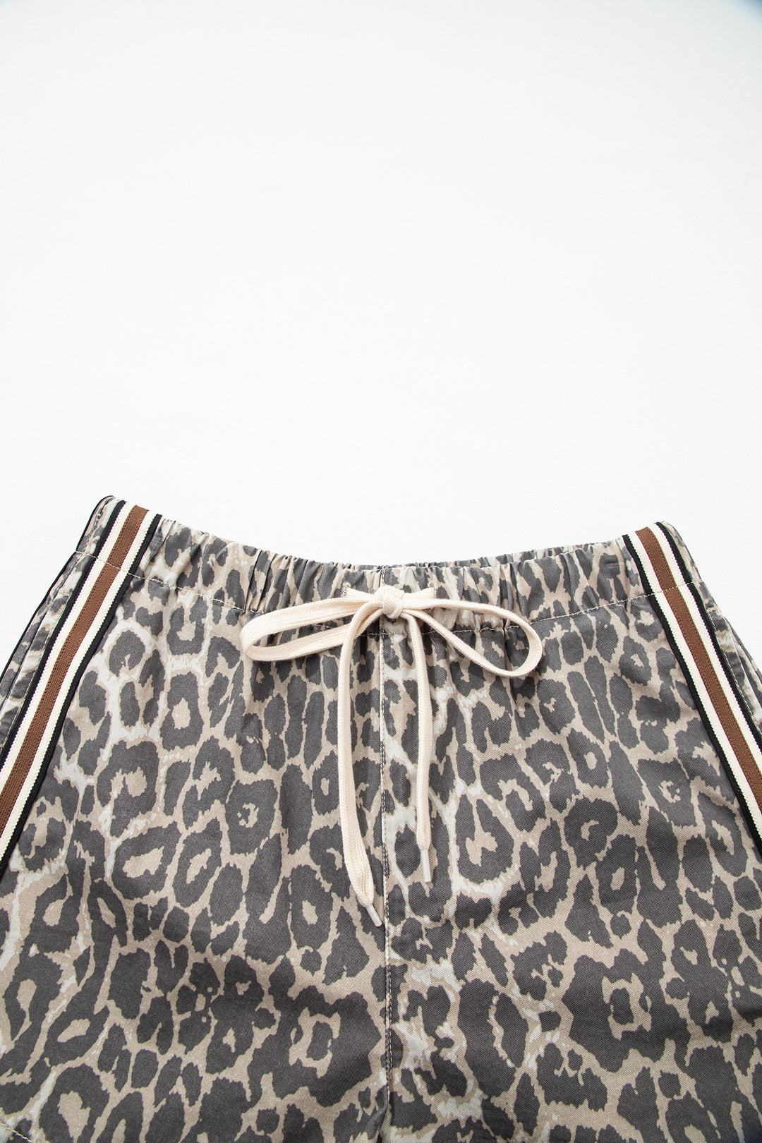 Multicolour Leopard Pattern Striped Detail Drawstring Denim Shorts