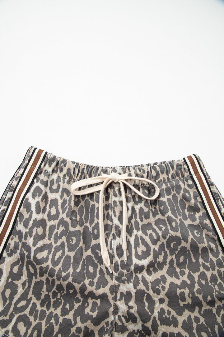 Multicolour Leopard Pattern Striped Detail Drawstring Denim Shorts