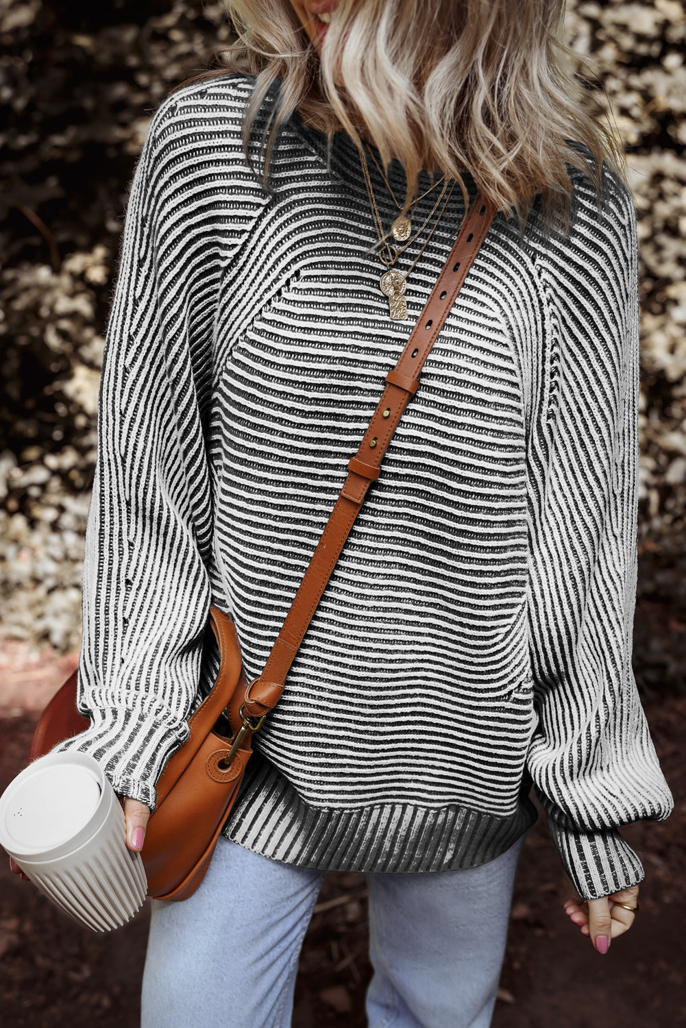 Black Striped Print Ribbed Knit Boat Neck Baggy Sweater