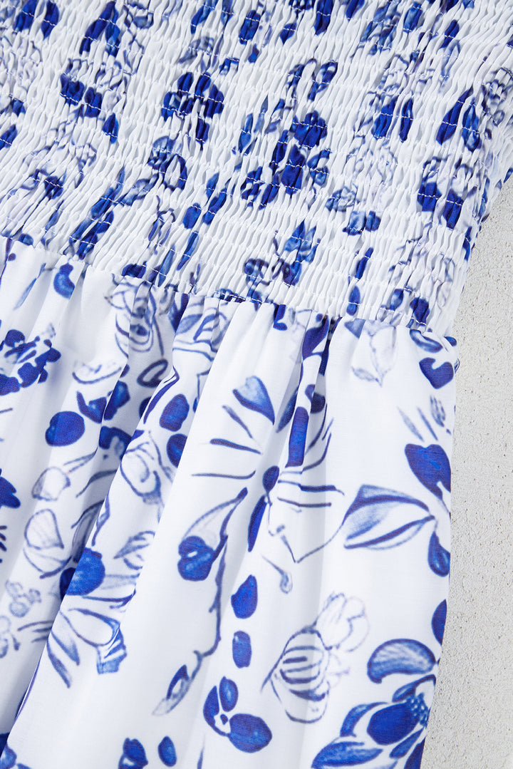 Sky Blue Floral Print Square Neck Bubble Sleeve High Waist Maxi Dress