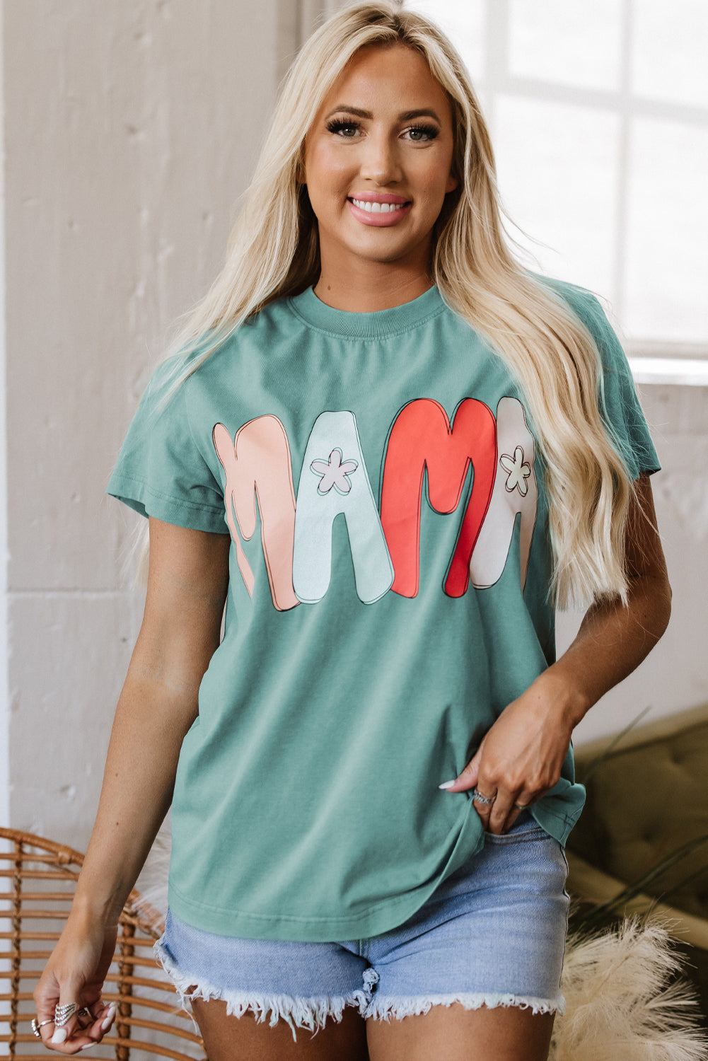 T-shirt ras du cou imprimé vert mer MAMA délavé minéral