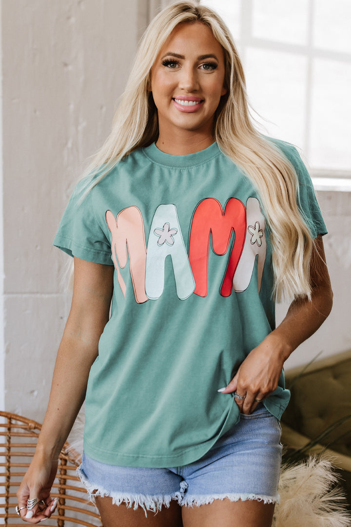 T-shirt ras du cou imprimé vert mer MAMA délavé minéral