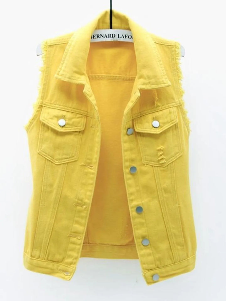 Full Size Sleeveless Frayed Denim Vest Jacket Plus Size
