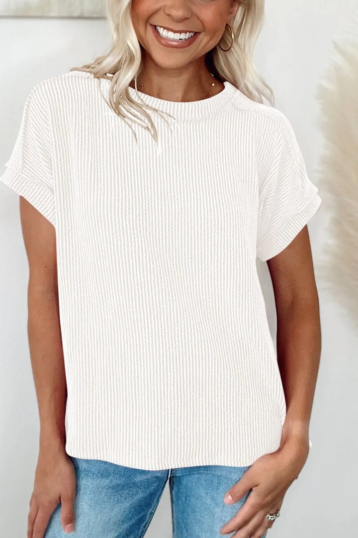 Casual Ribbed Short Sleeve Round Neck T-Shirt