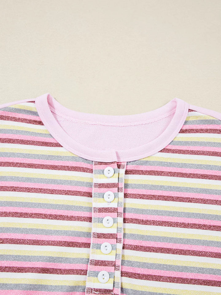 Exposed Seam Color Block Striped Patchwork Loose Henley Sweatshirt