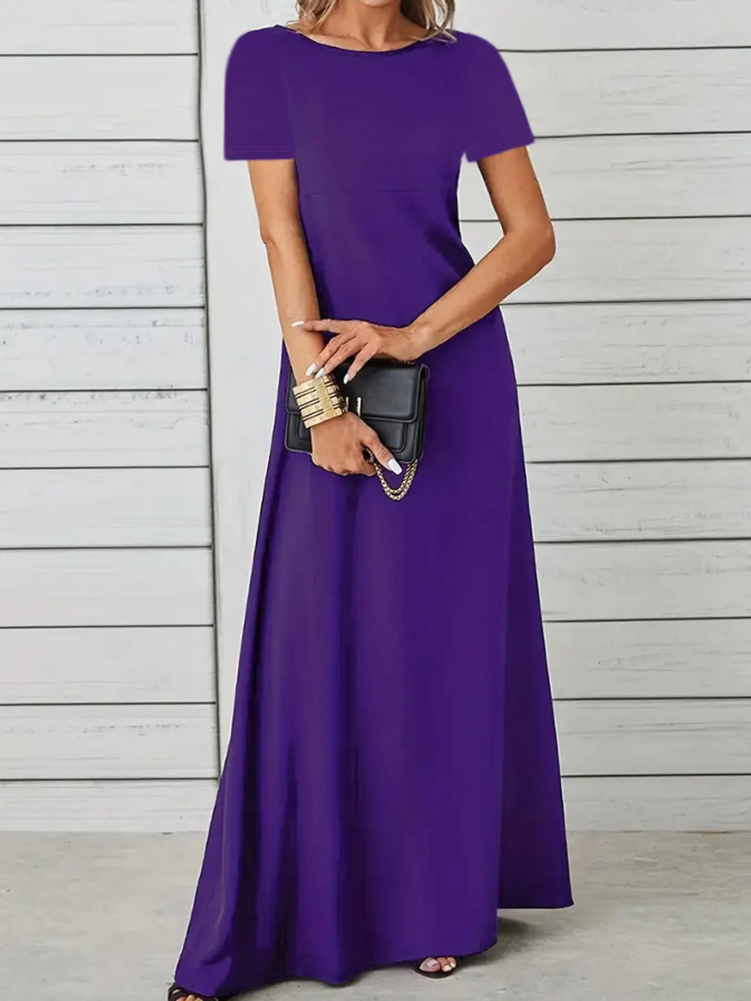 Full Size Round Neck Short Sleeve A-Line Maxi Dress Plus Size