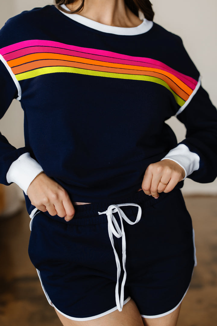 Bluing Colorful Striped Accent Varsity Long Sleeve Pullover and Shorts Matching Set