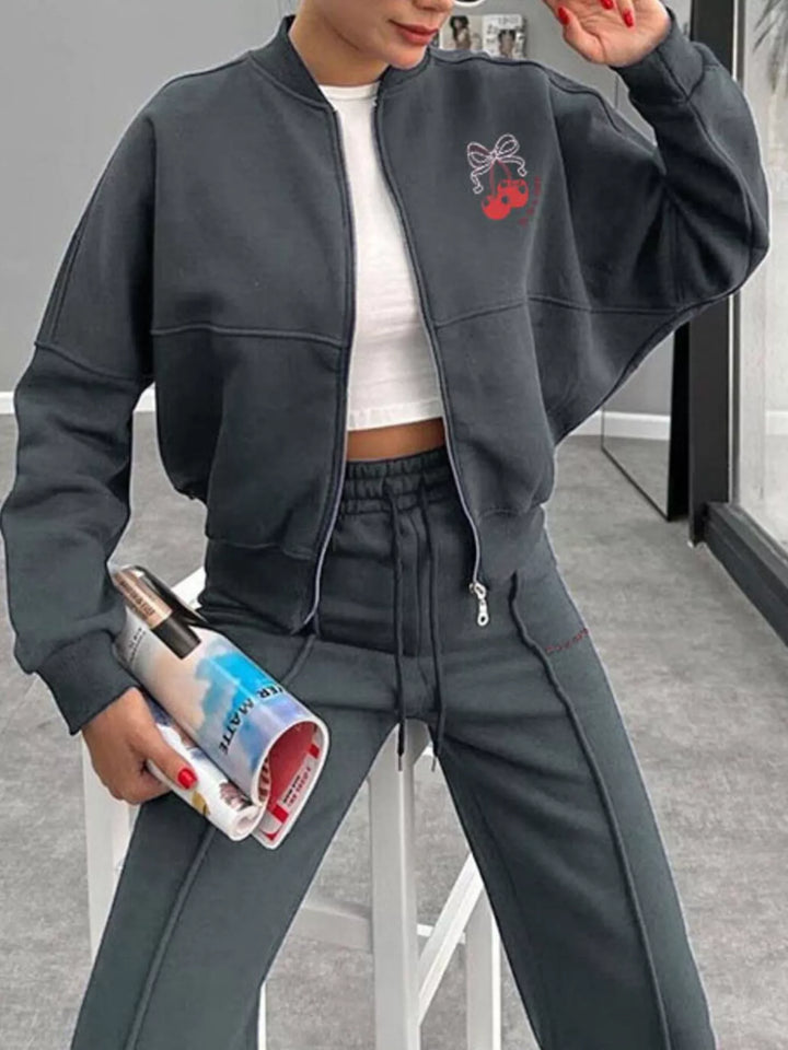 Zip Up Dropped Shoulder Outerwear and Pants Set