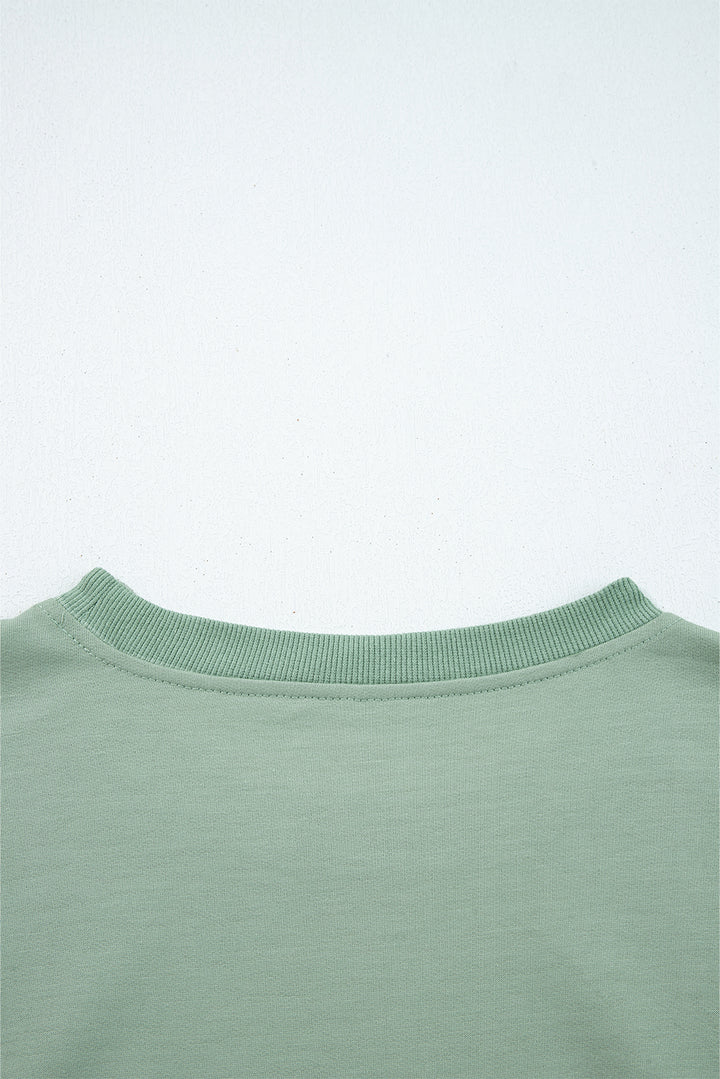 Smoke Green Raw Edge Flower Patch Drop Shoulder Casual Top