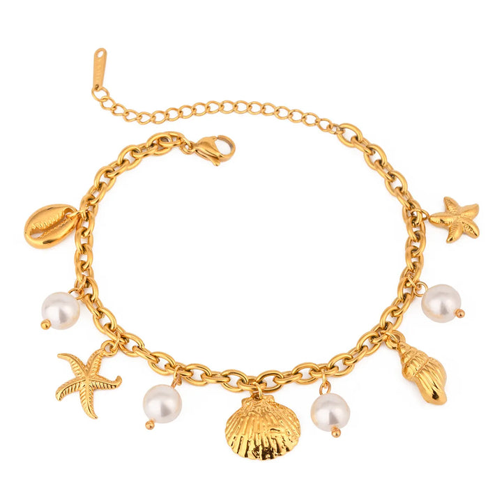 Ocean Theme Stainless Steel Chain Bracelet with Seashell and Starfish Pendants