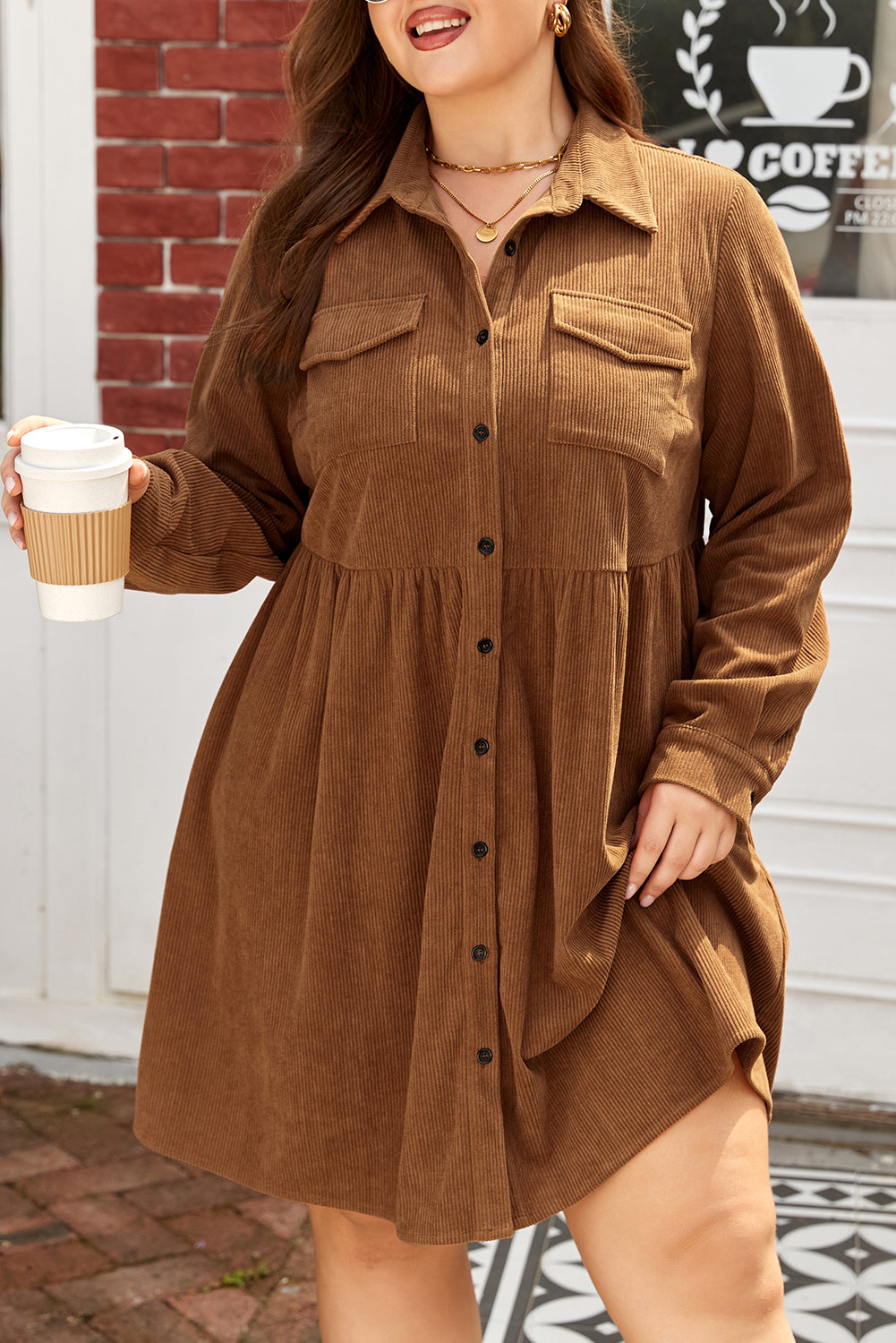 Camel Corduroy Full Buttoned Collared Shirt Style Plus Size Dress