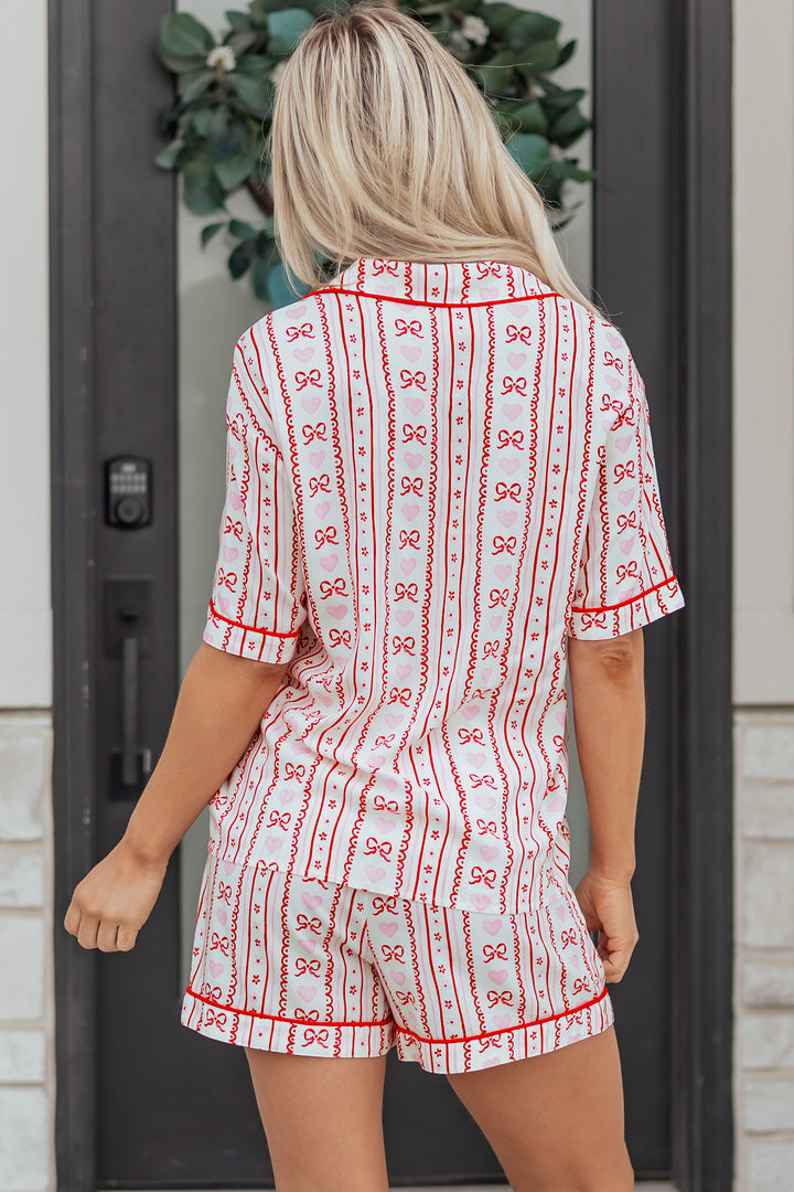Red Cute Bow Heart Print Ribbon Decor Short 2pcs Pajama Set