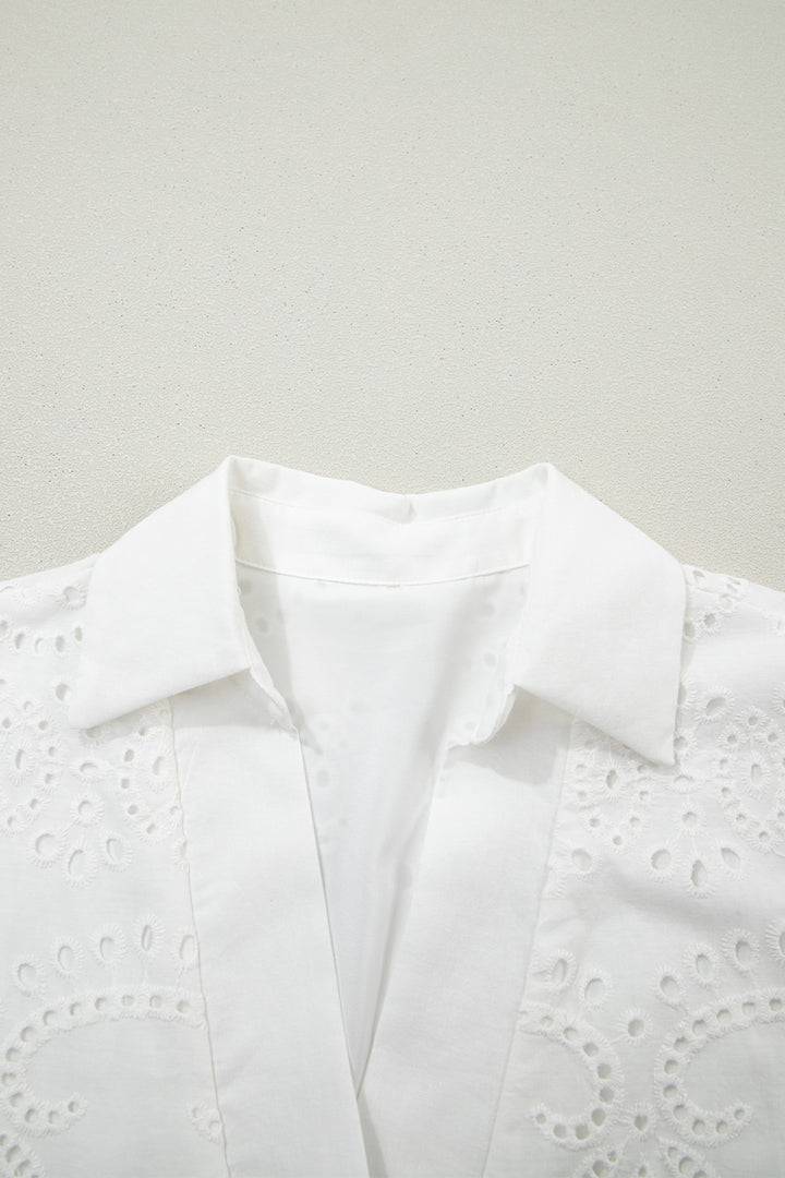 White Solid Color Eyelet Embroidered T Shirt Mini Dress