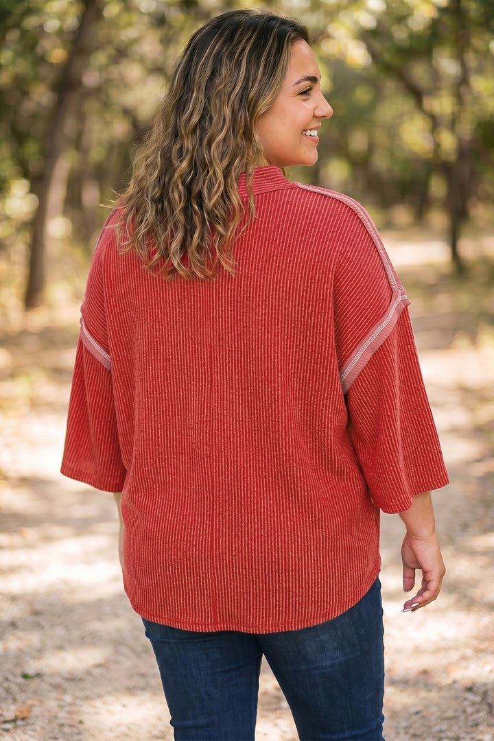 Fiery Red Twist Ribbed Tunic Round Neck Bracelet Sleeve Plus Size Blouse