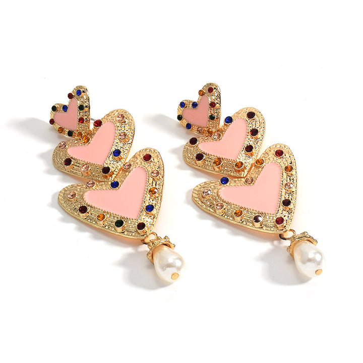 Vintage French Court Style Rhinestone Heart Three Layer Pearl Drop Earrings Exaggerated Dangle Jewelry